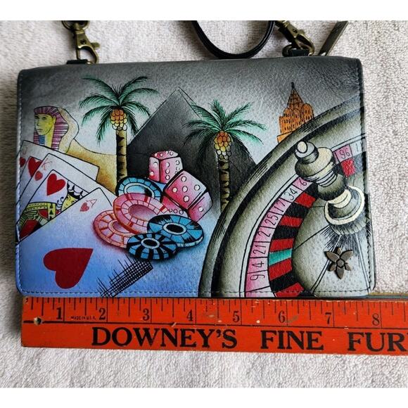 Anna Anuschka Hand Painted Leather VEGAS Bag Crossbody Purse Clutch RIFD Blocker - Picture 7 of 16